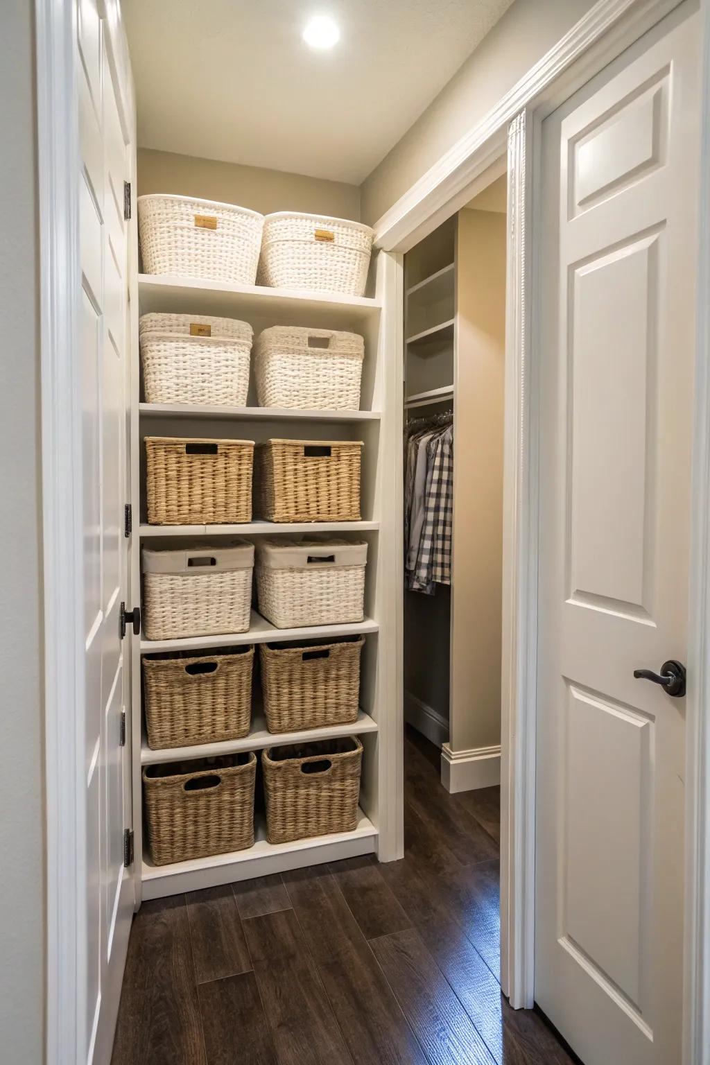 Coordinated baskets in a hallway closet, creating a unified and stylish appearance.