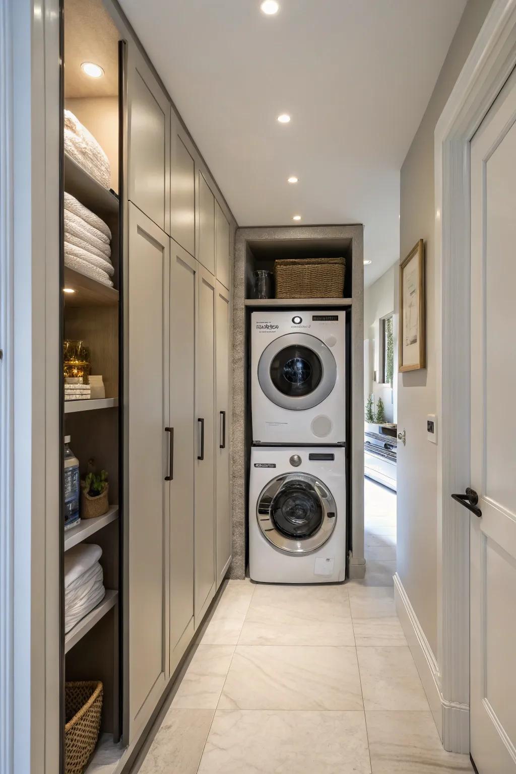 Integrated cabinets offer a neat and organized aesthetic to a hallway laundry space.