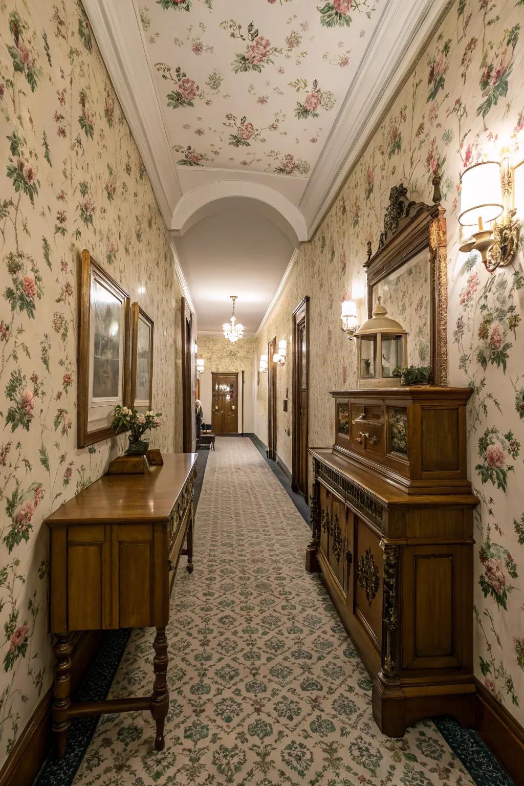 A hallway exuding retro appeal through classic surface decor.