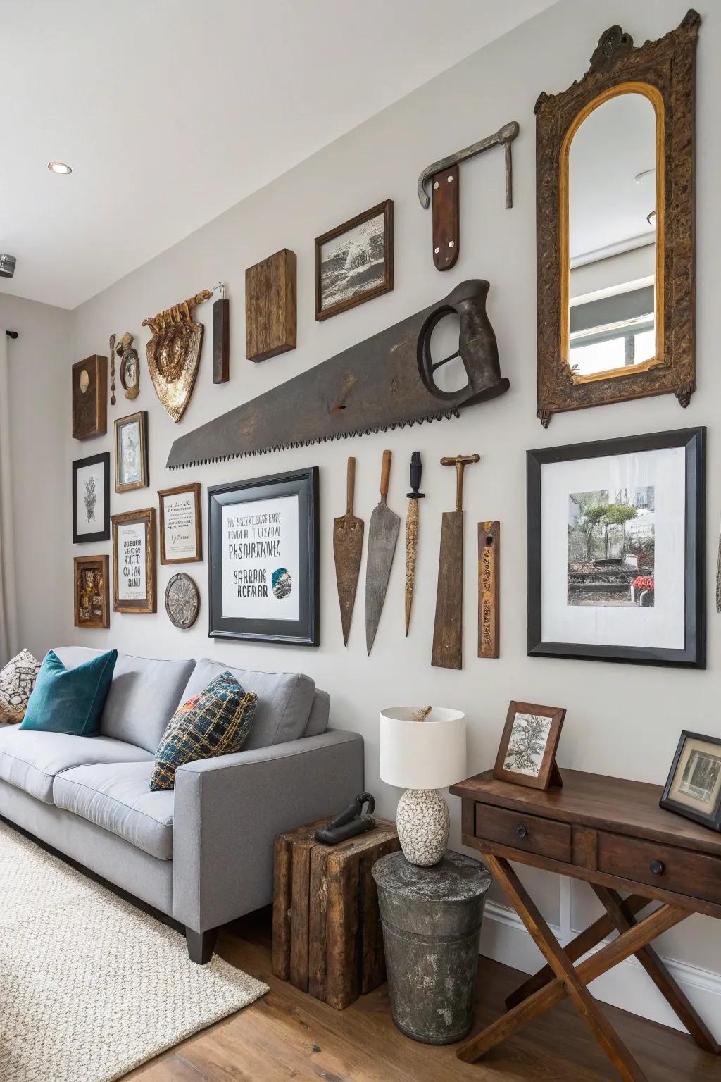 A vintage gallery wall with hand saws as unique art pieces.