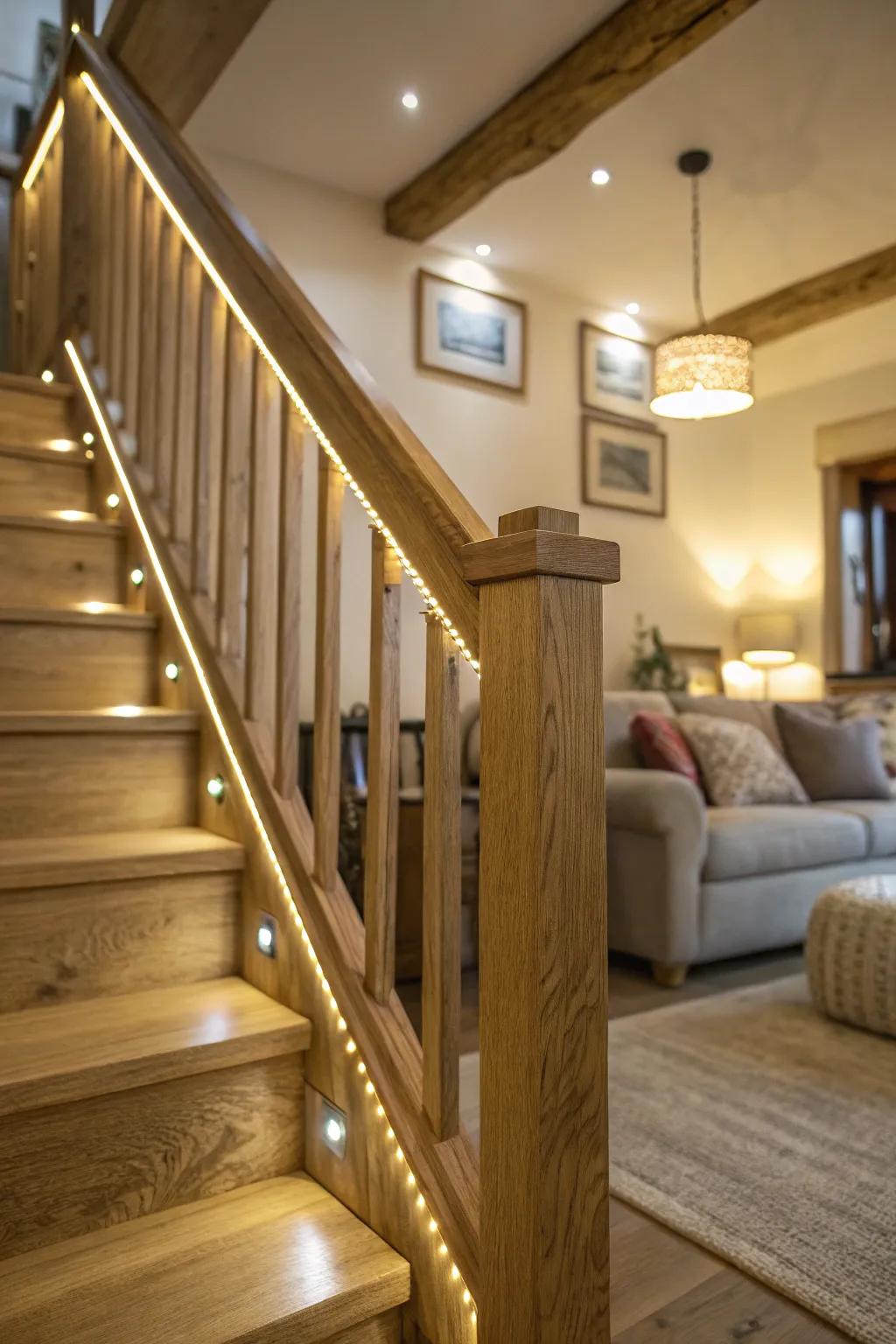 Timber handrails featuring concealed diode illumination for a warm accent