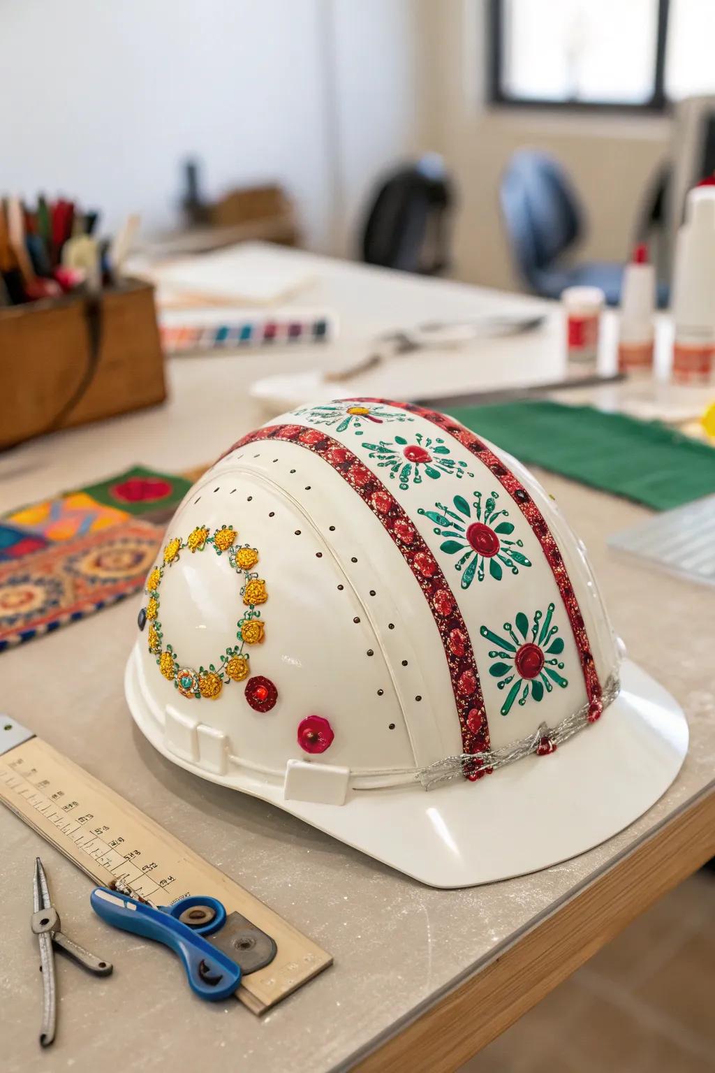 A safety helmet distinctively personalized with creative handiwork.