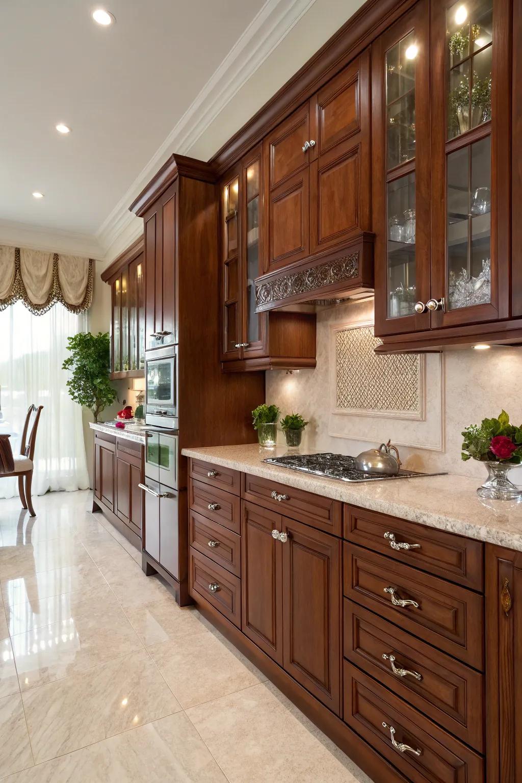 Crystalline knobs enrich cherry cabinets with a touch of luster.