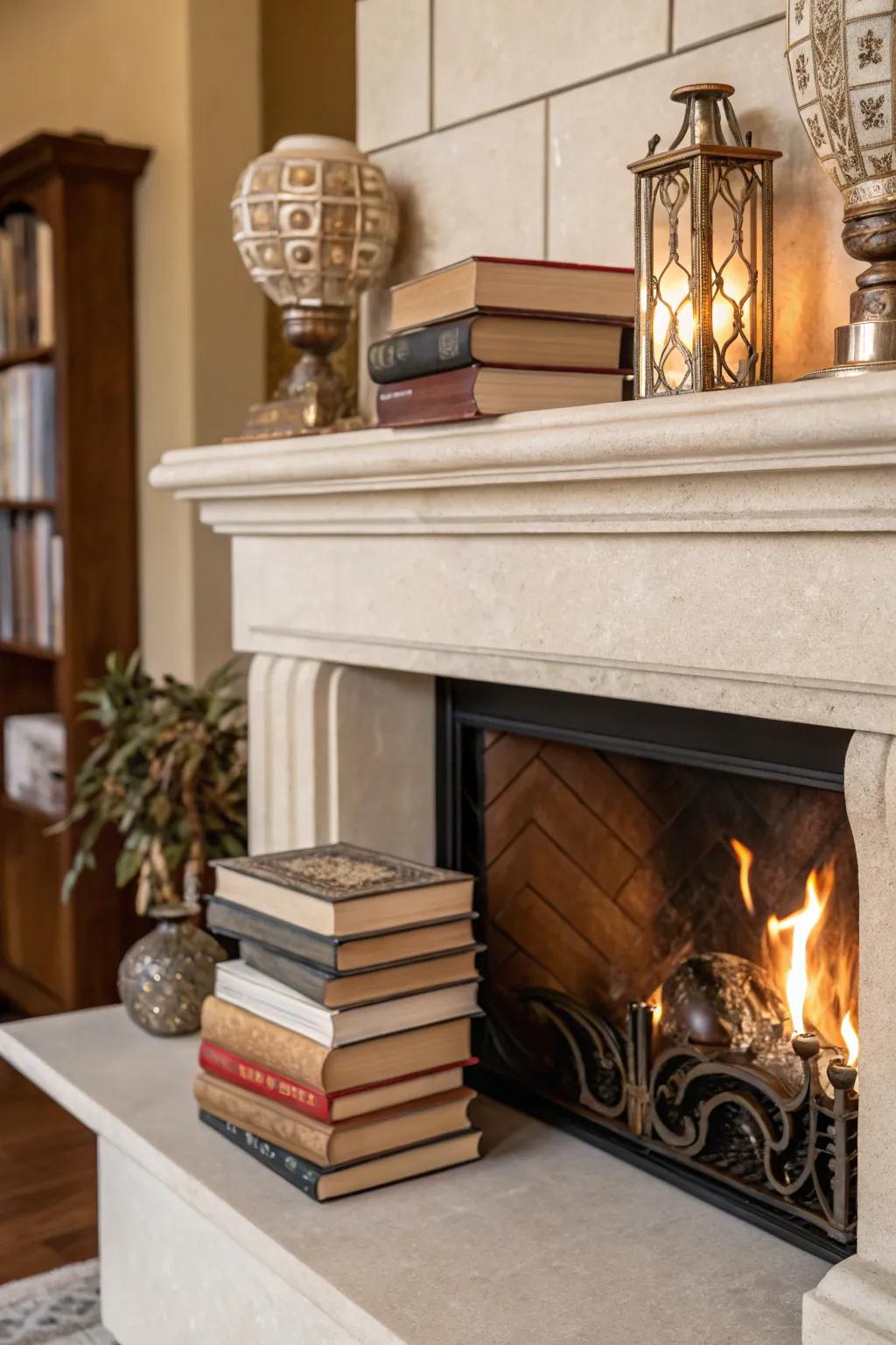 Books introduce a hint of refinement and coziness to your mantel.