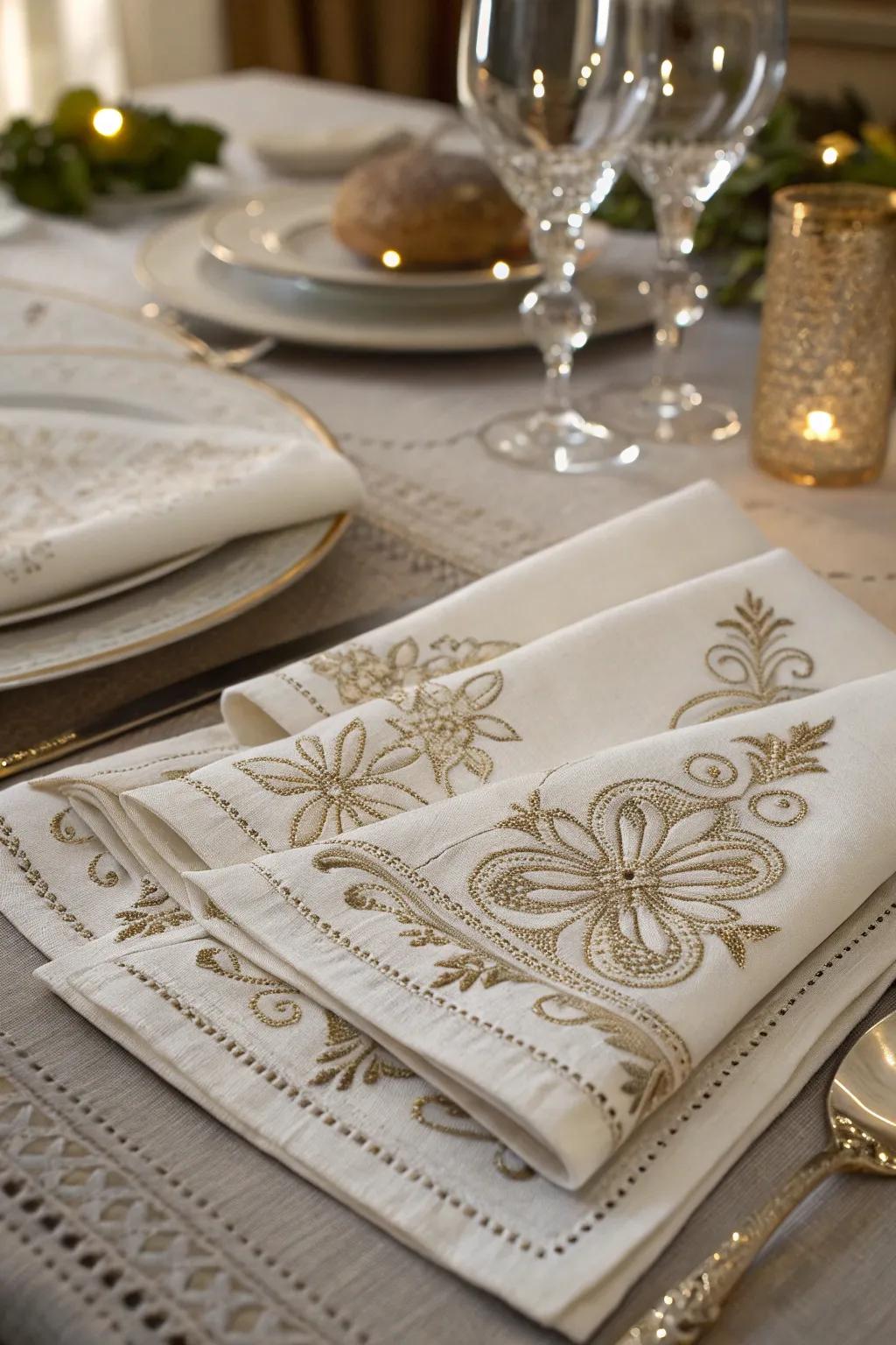 Embroidered textiles introduce elegance to daily dining.