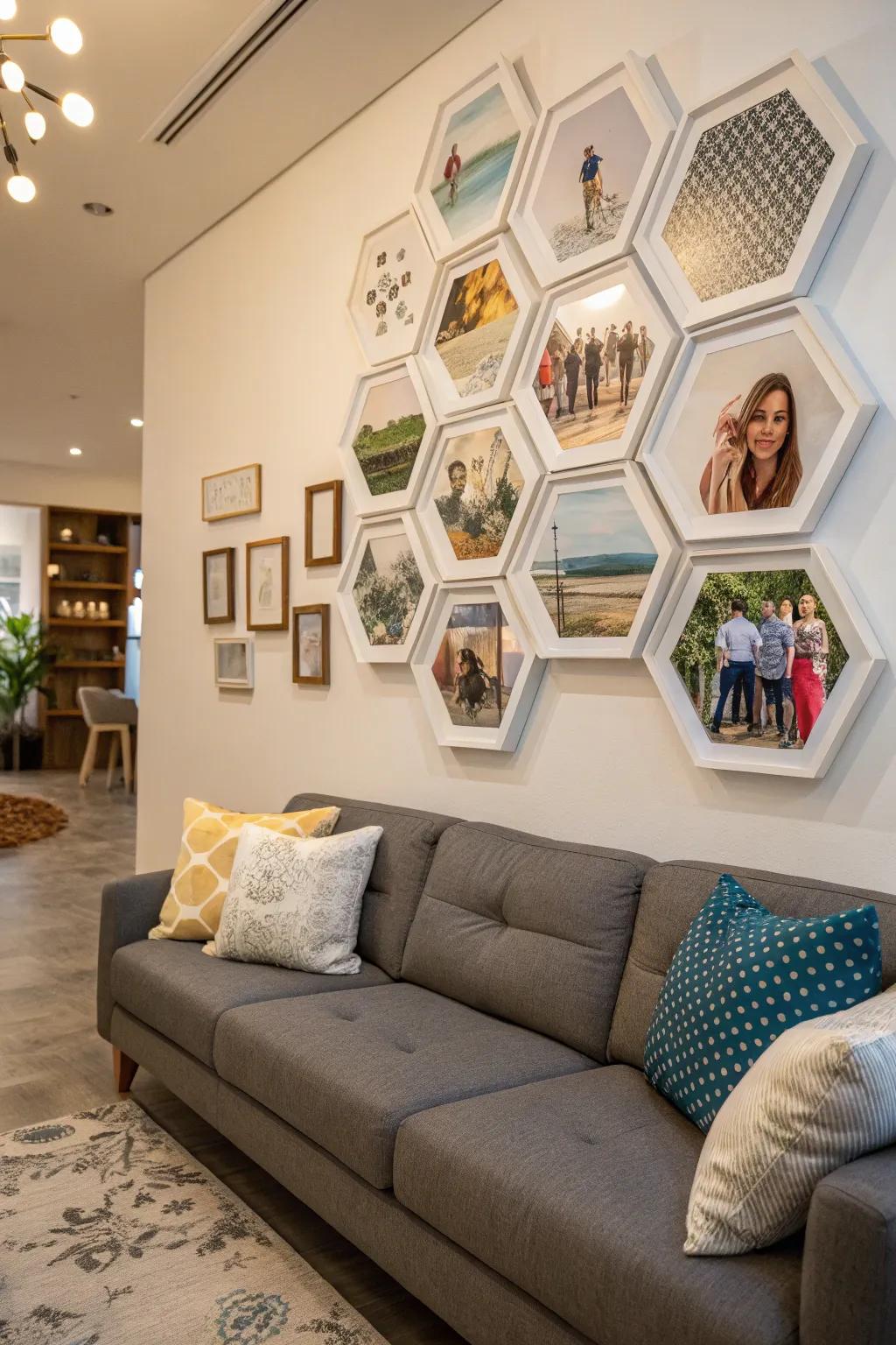 Hexagon frames fashion a unique and personal gallery wall.