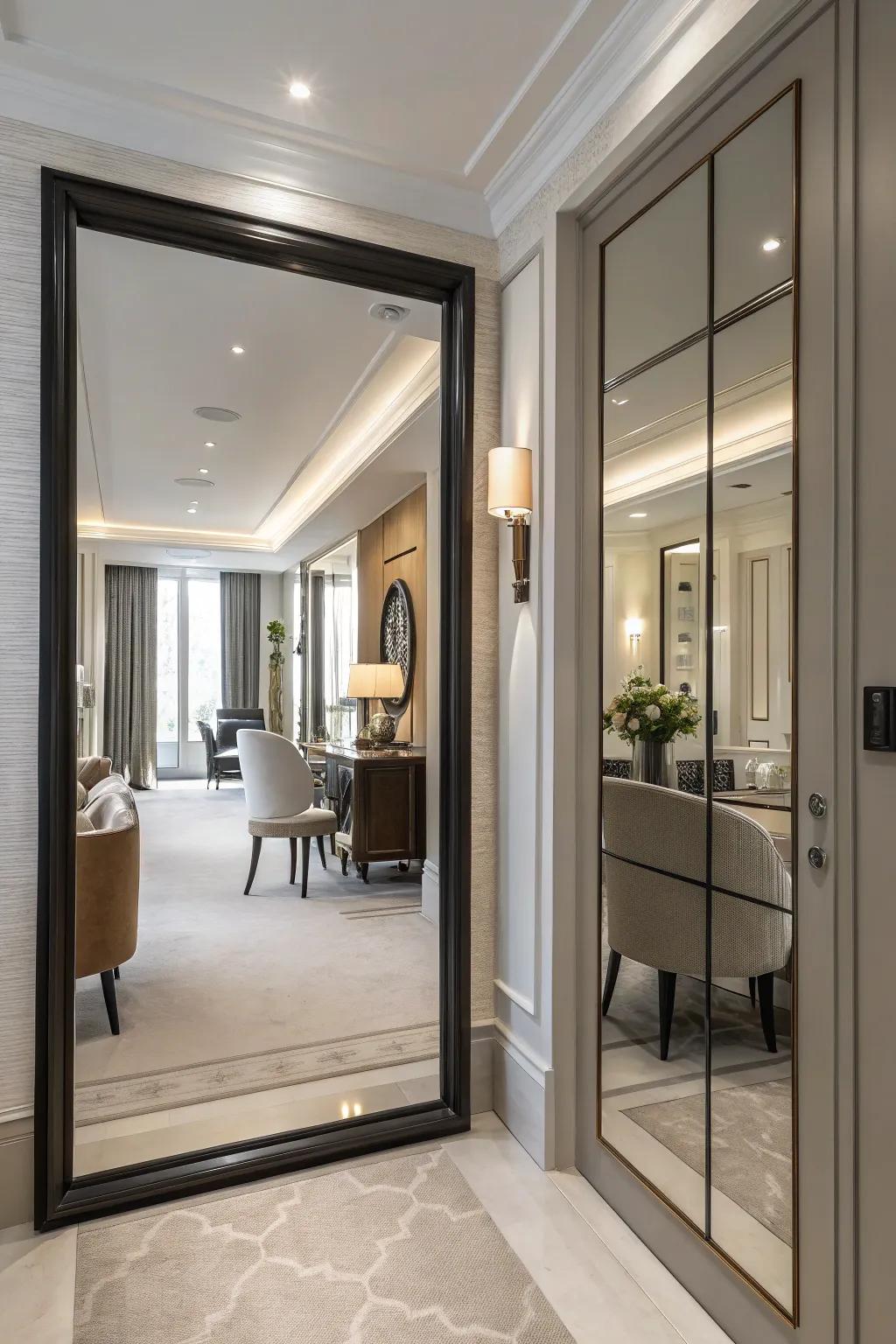 A pivoting mirror door provides a stylish and functional passage from one area to another.
