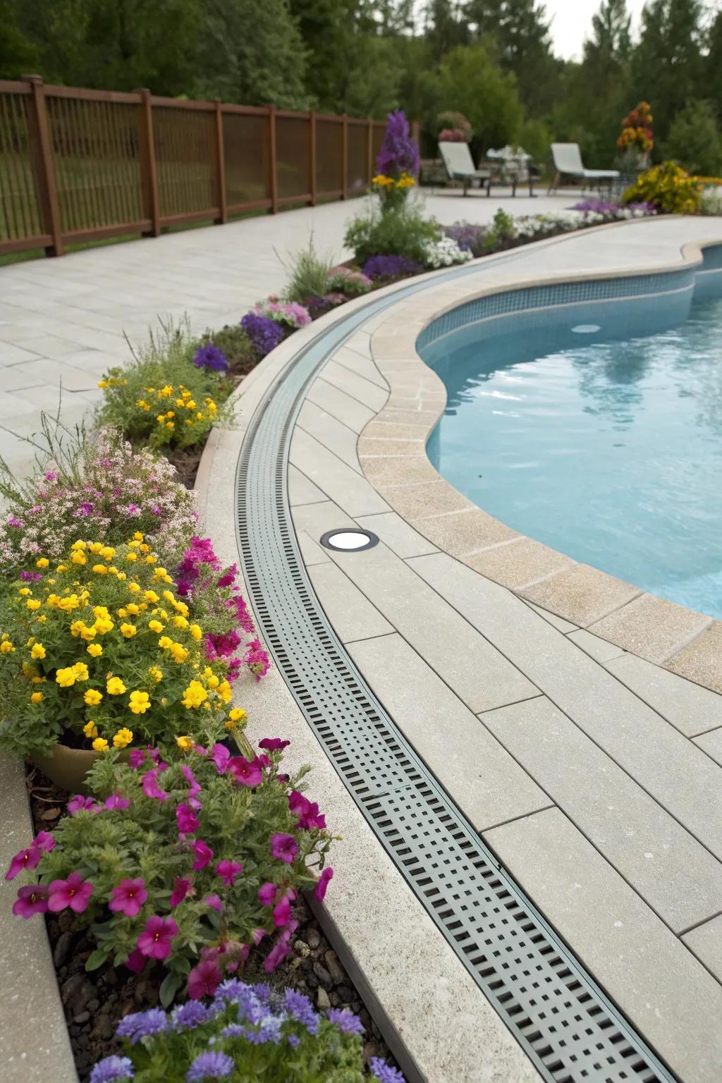 Arched drain designs create a whimsical pattern around the pool.