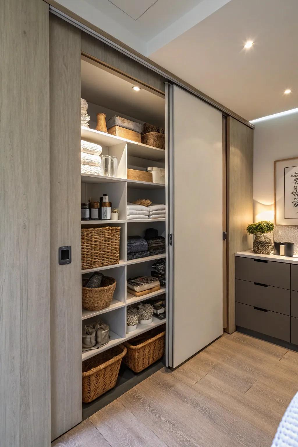 Make the most of your space by using sliding doors that also function as hidden storage.