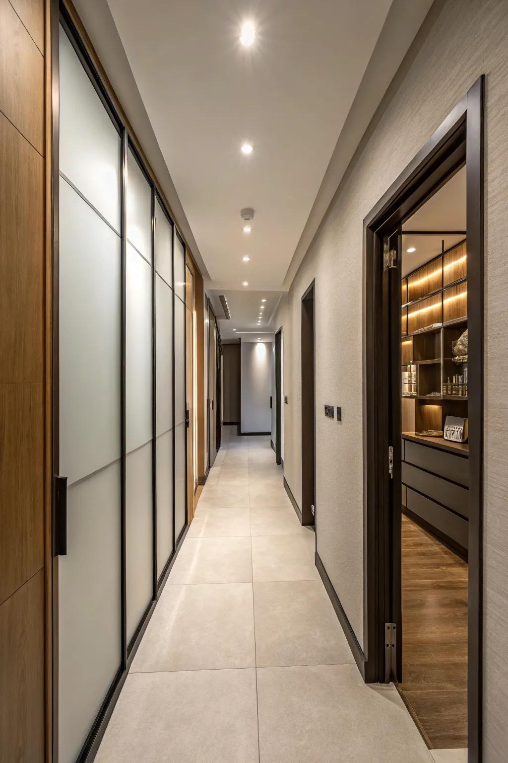Stylish sliding doors effectively hiding a furnace and water heater in a cramped area.