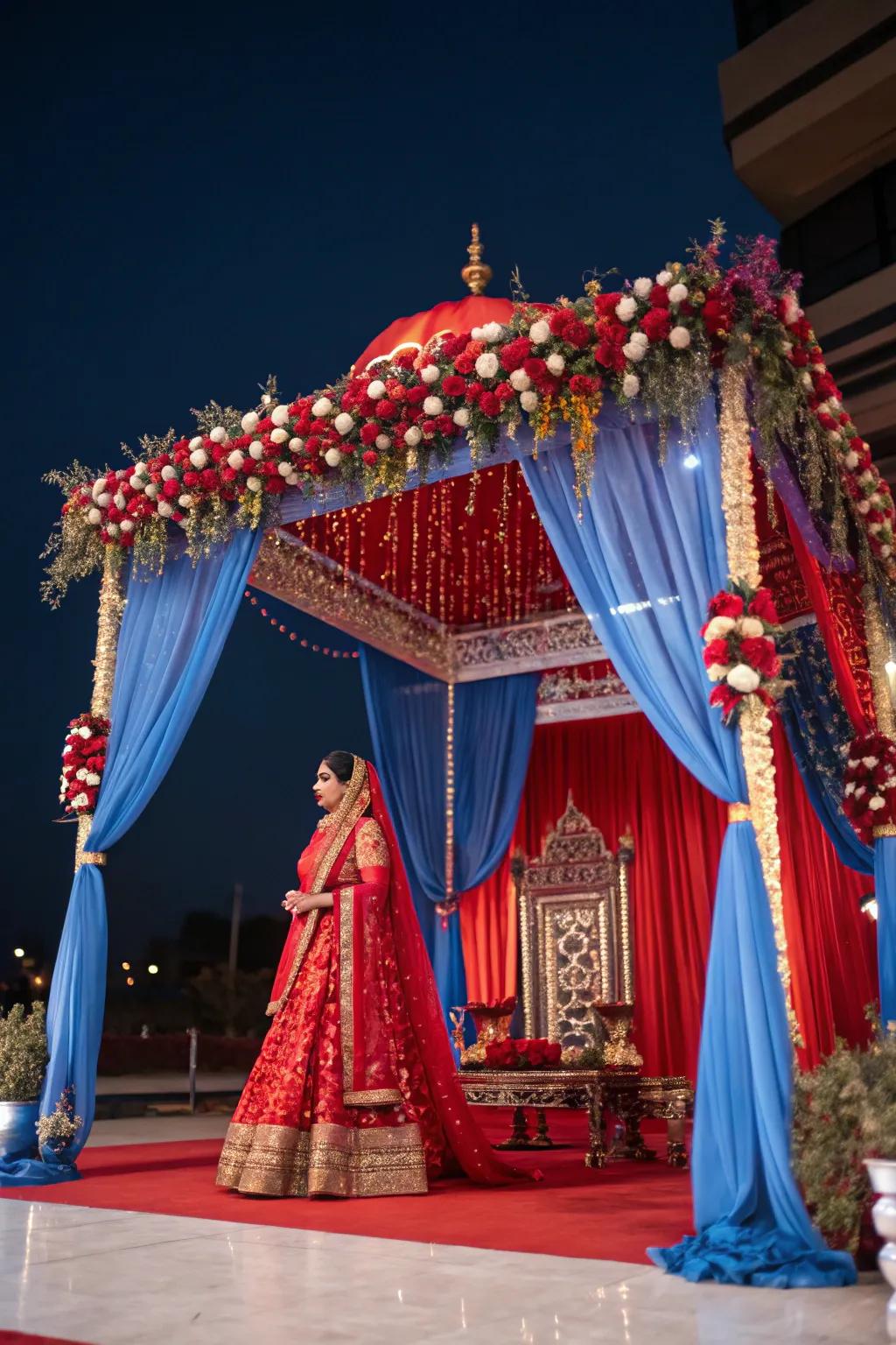 A mandap presenting striking hue themes for a striking visual impact.