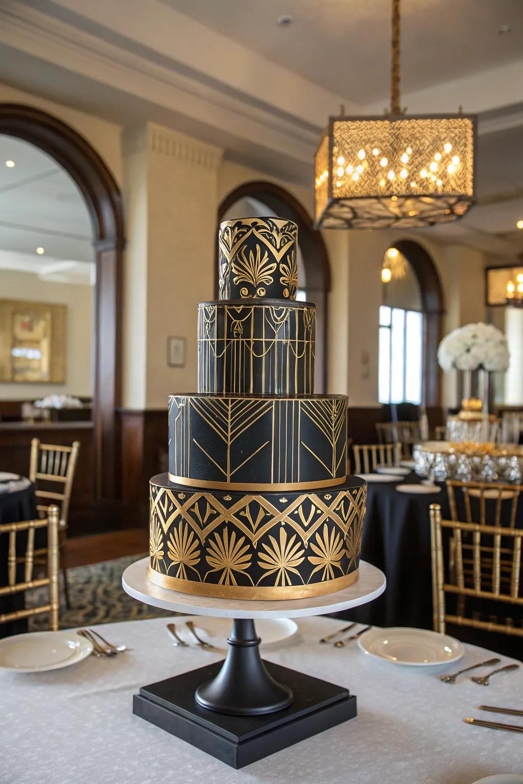Art Deco designs infuse this cake with glamorous vintage appeal.