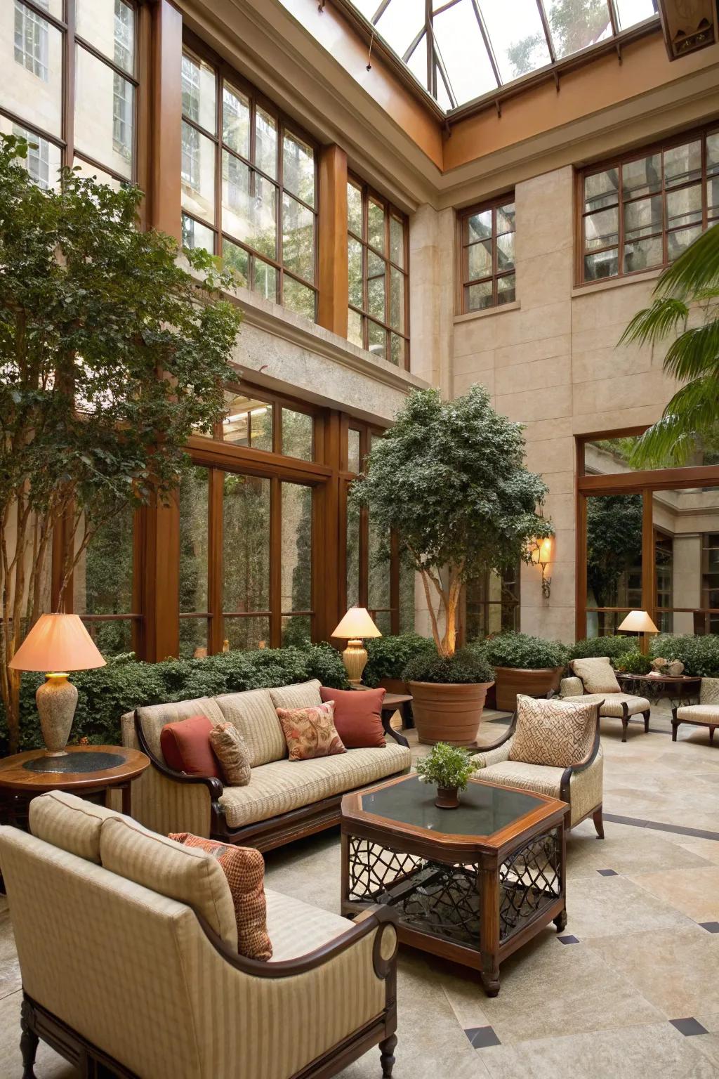 A snug seating corner within an atrium, suited for relaxation.