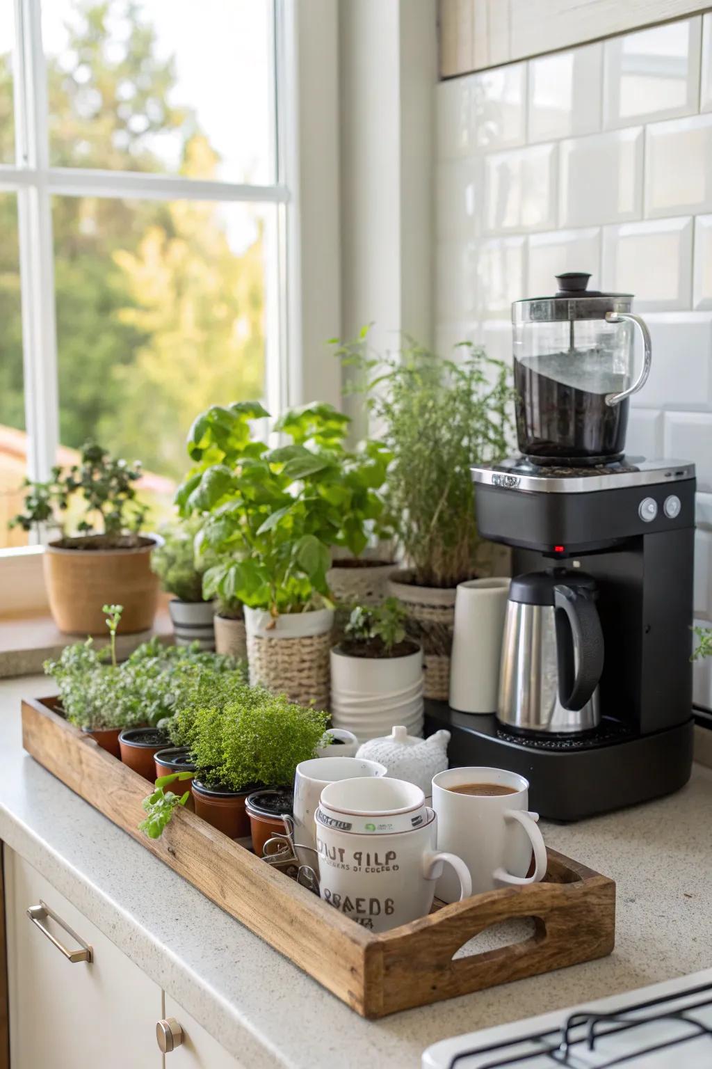 Greenery infuses a refreshing and energetic vibe to your coffee station.