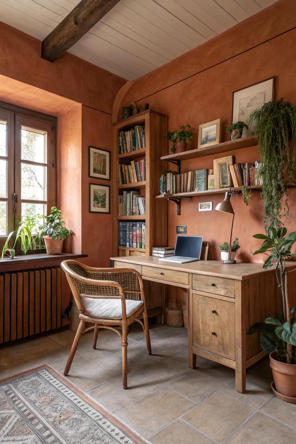 Terracotta walls bring warmth and rustic charm to this home office.