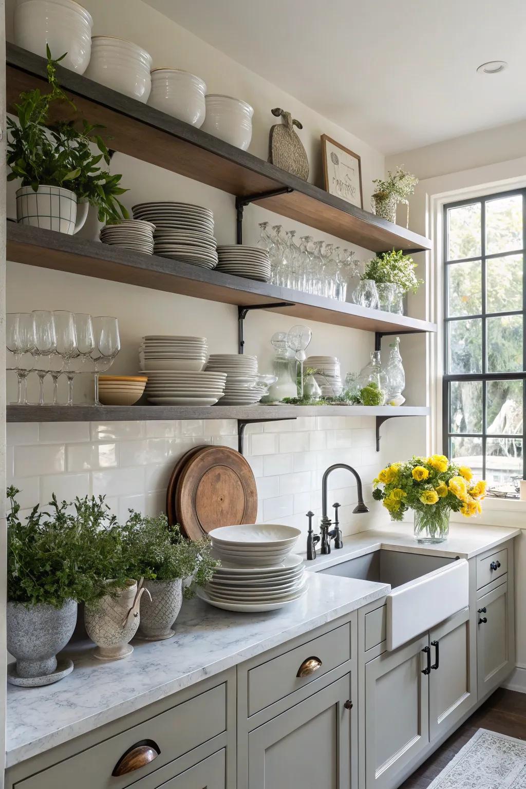 A kitchen enhanced with open shelving for a personalized atmosphere.