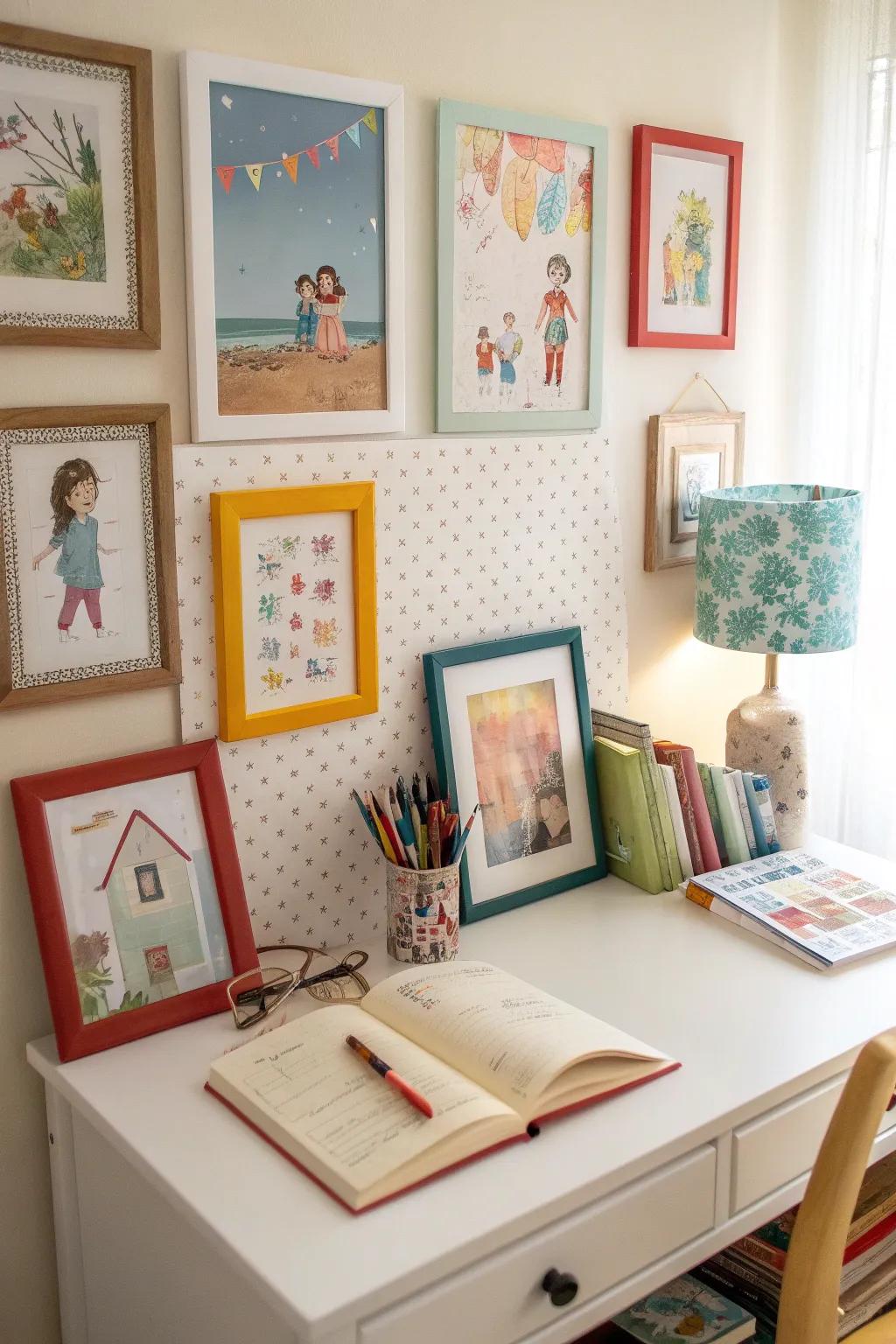 Personal artwork adds character to the study area.