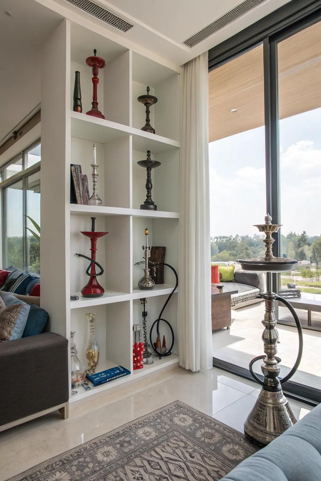 Open shelves provide easy access to shisha essentials.