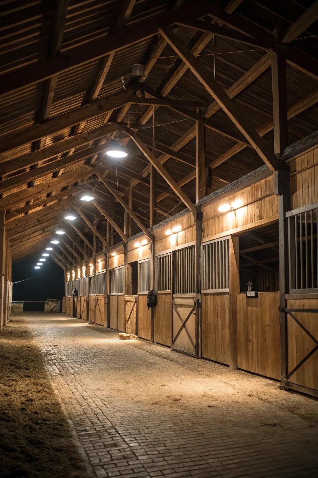 Spot illumination enhances the inherent charm of wooden stable features.