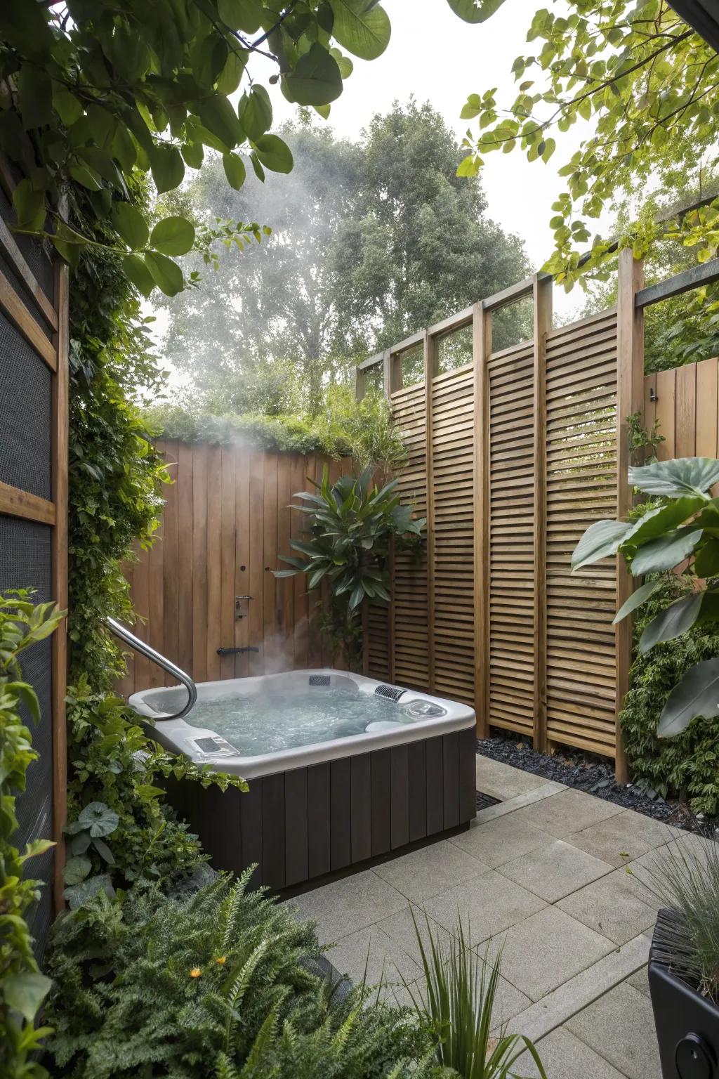 Privacy screens and plants form a secluded hot tub retreat.