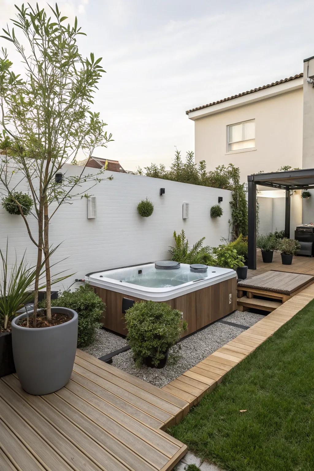 Find peace with a sleek and simple hot tub design.