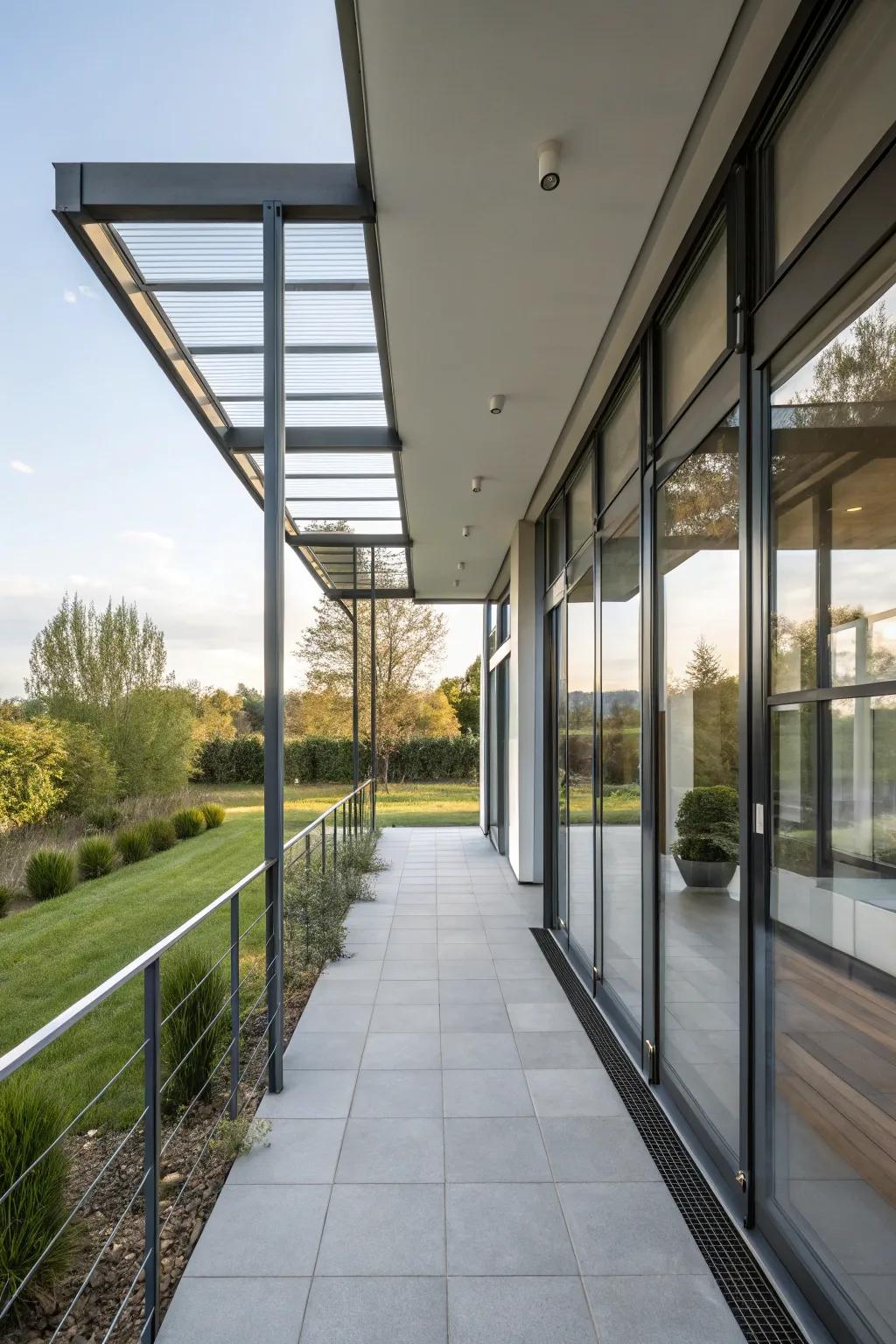 The use of modern materials like metal and glass elevates the style of this porch.