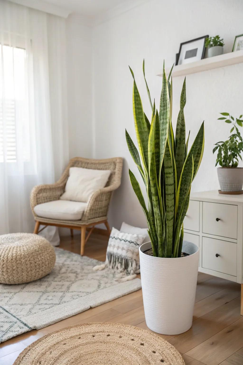 A mother-in-law's tongue complements minimalist design with its structured form.