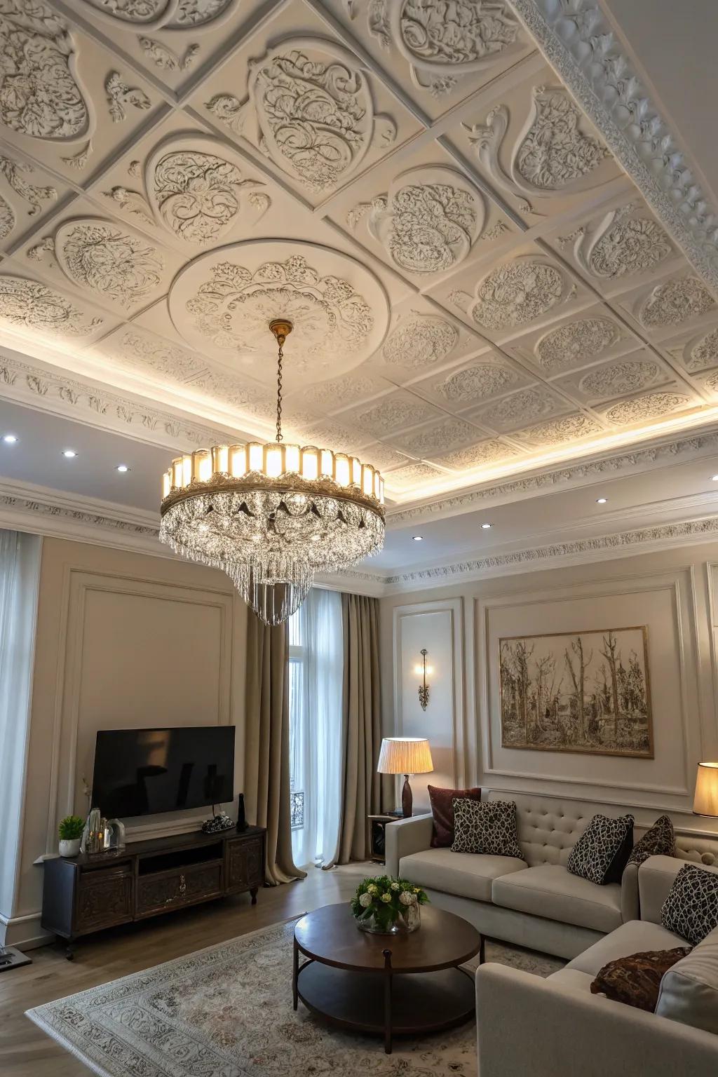 A living space featuring a sophisticated and stylish ceiling design.