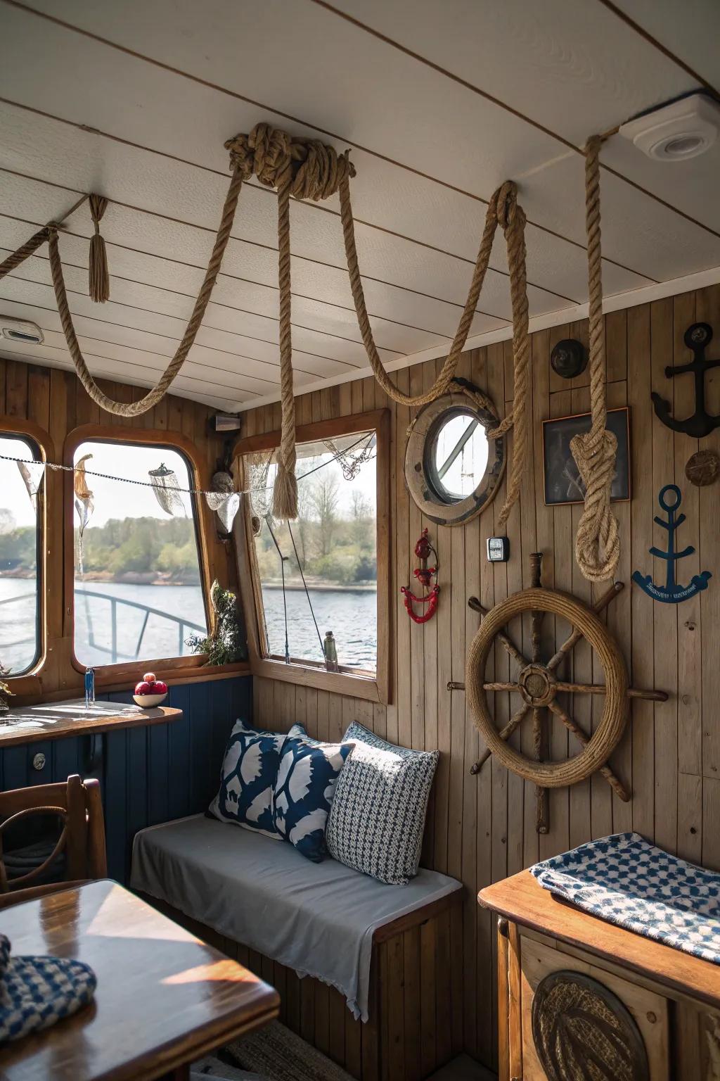 Maritime accents enrich the decor of this houseboat.
