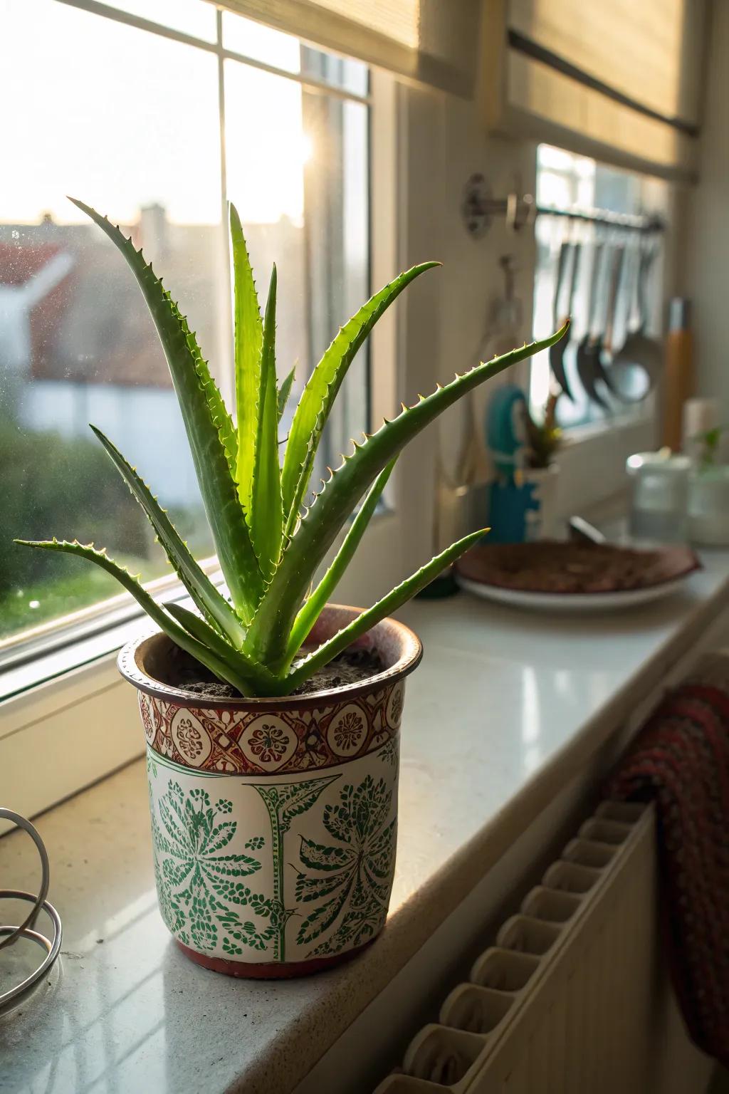 Aloe Vera providing attractiveness and practicality in the cooking area.