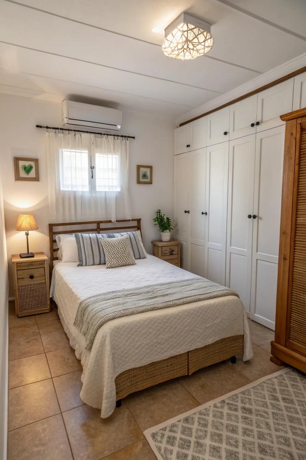 Efficient layout demonstrating the centering of a bed to optimize space in a small bedroom.