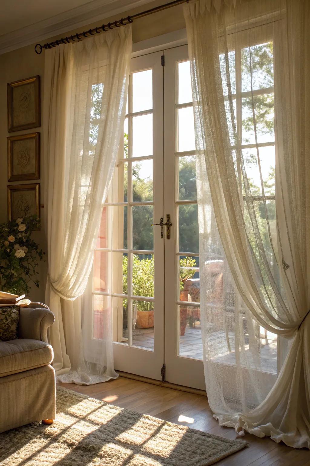 Sheers present a delicate, light-enhancing option for French doors.