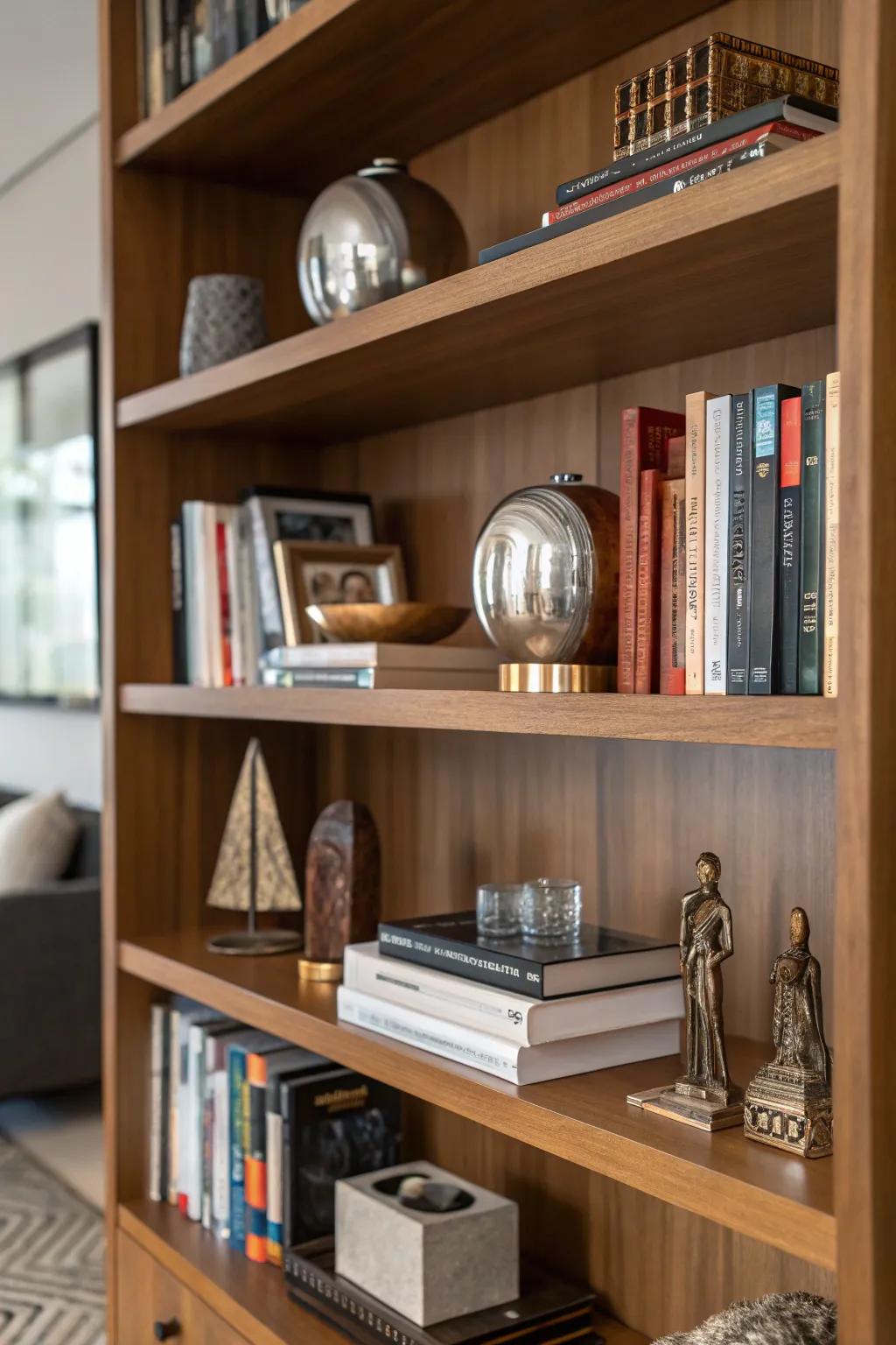 Bookshelf with intermixed textures for added dimension.