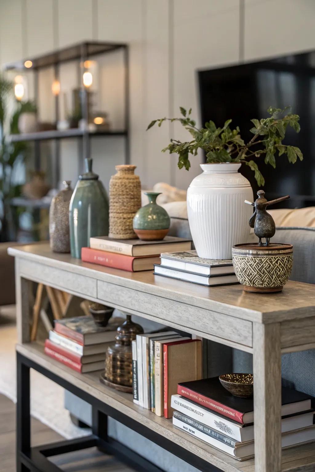 Arrangements of books add height and appeal to the display.