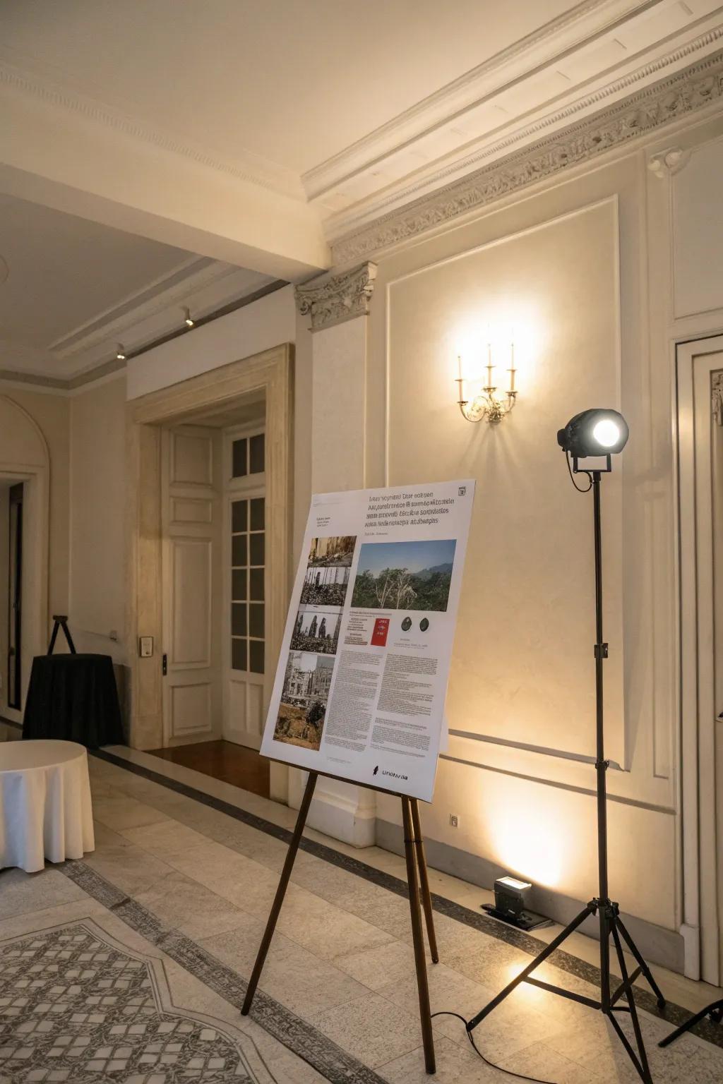 Spotlights transform posters into gallery-worthy displays.