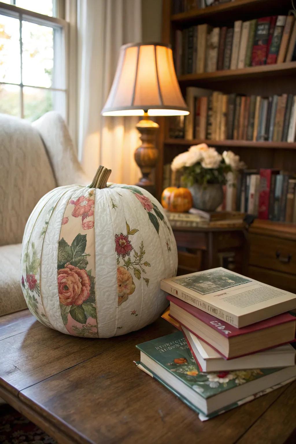 A decoupage pumpkin that injects artistic vibes into any setting.