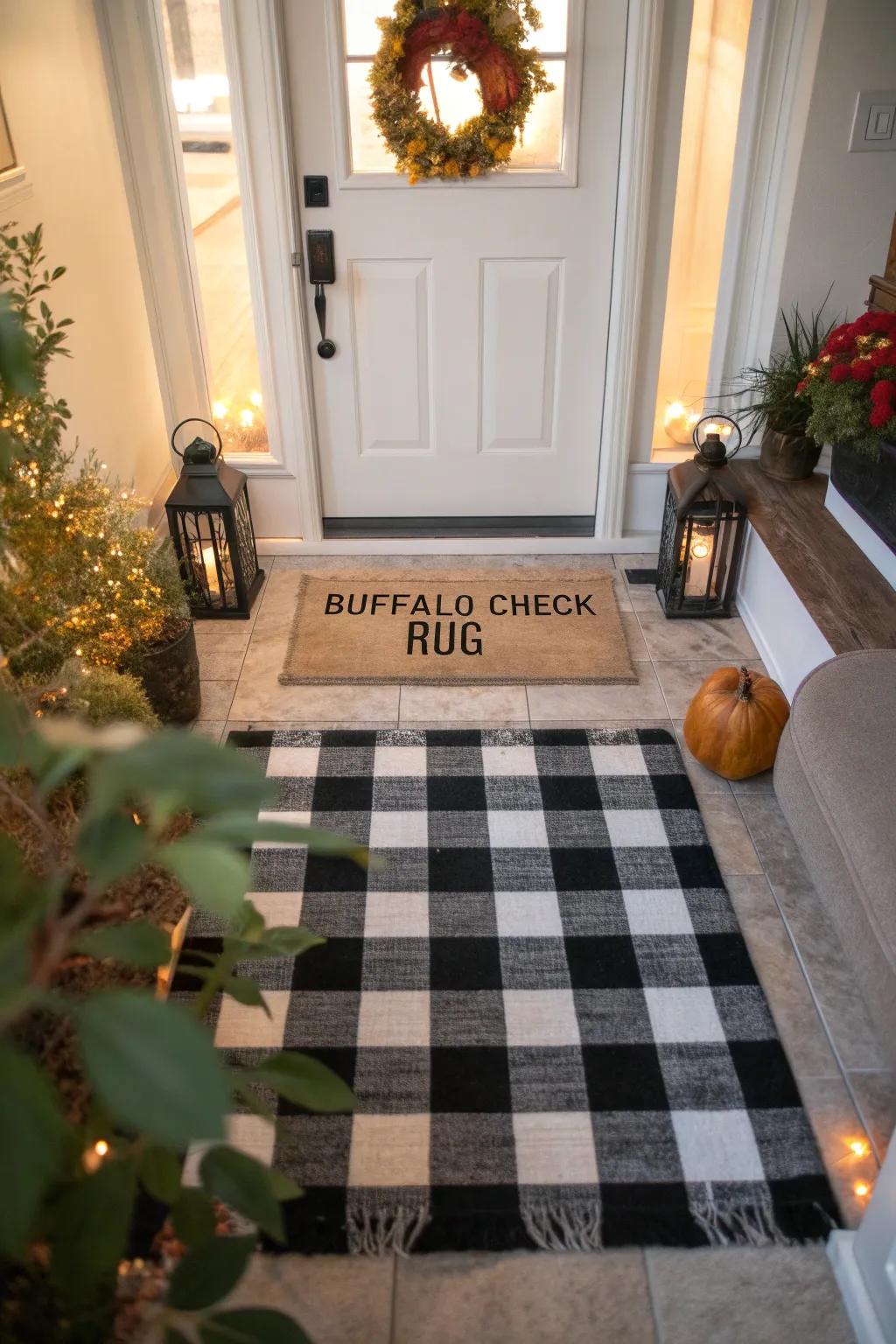 A stylish entrance featuring layered rugs for autumn.