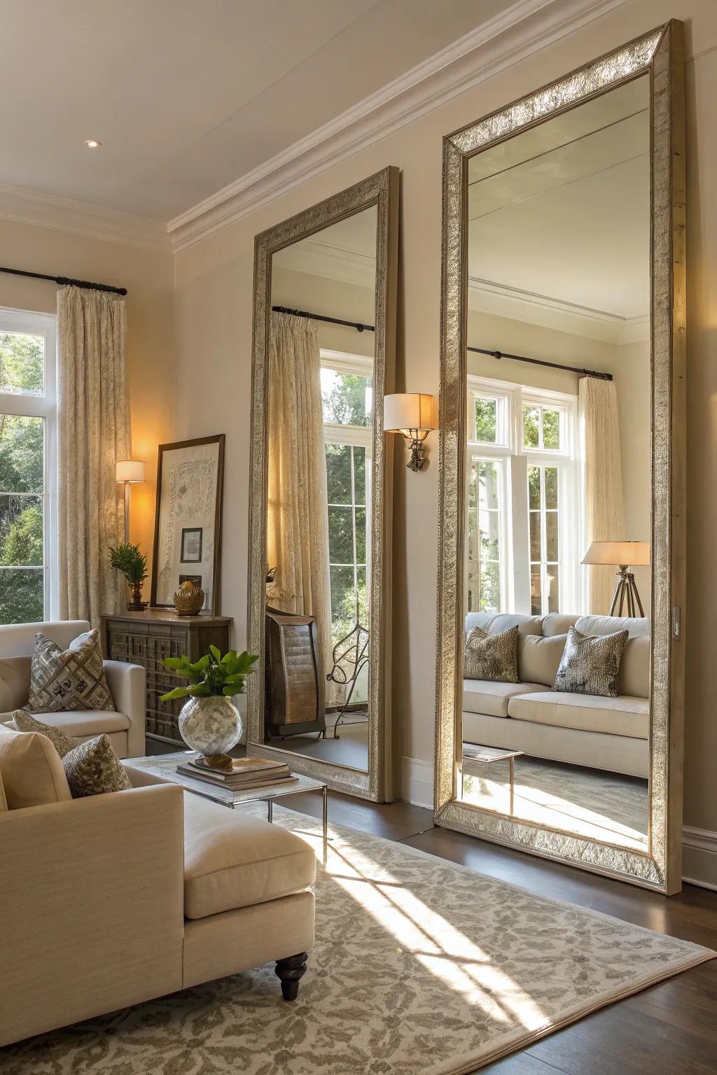 Mirrors and bright light fixtures improve the room's sun light.