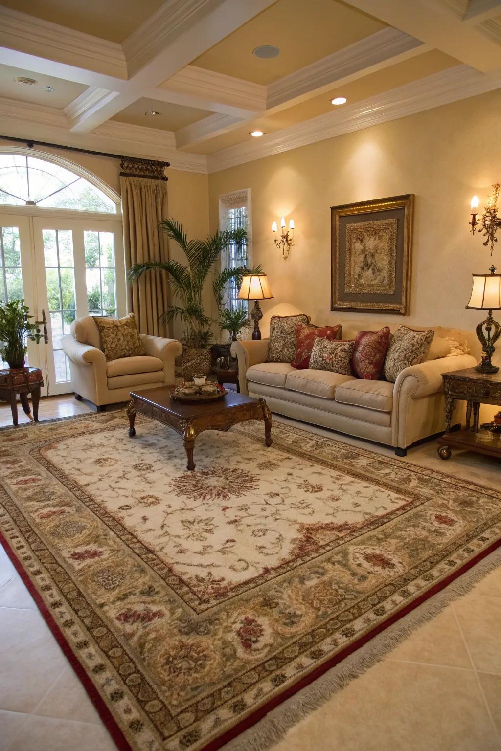 A floor covering elegantly defining the seating zone in the living room.