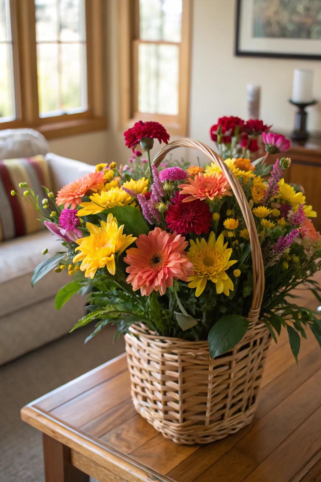 Blossoms in baskets fashion a lively and colorful presentation.