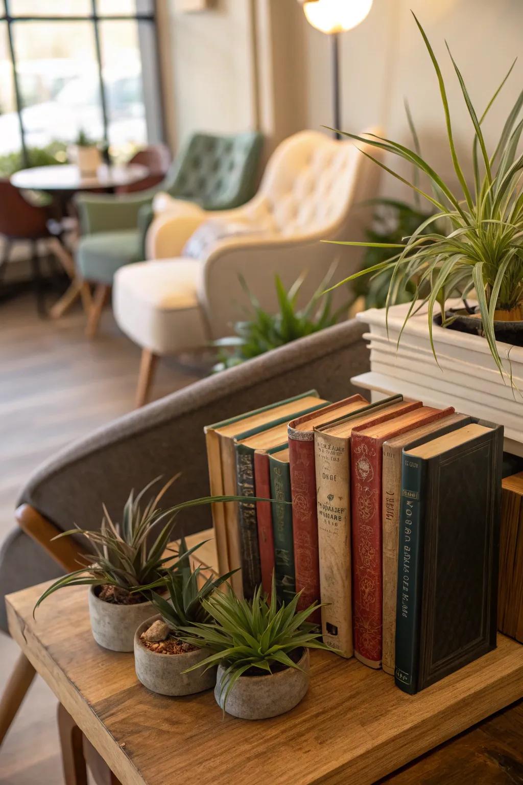 <strong>Air plants</strong> acting as active bookends, contributing a remarkable touch.” loading=”lazy” class=”pimg”>
	</picture><figcaption><strong>Air plants</strong> acting as active bookends, contributing a remarkable touch.</figcaption></figure>
<p>Impart a distinctive feature to your bookcase by integrating <strong>air plants</strong> as active bookends. It represents an unexpected, yet delightful method to infuse greenery into your reading space.</p>
<h3>A few choices to try:</h3>
<ul class=