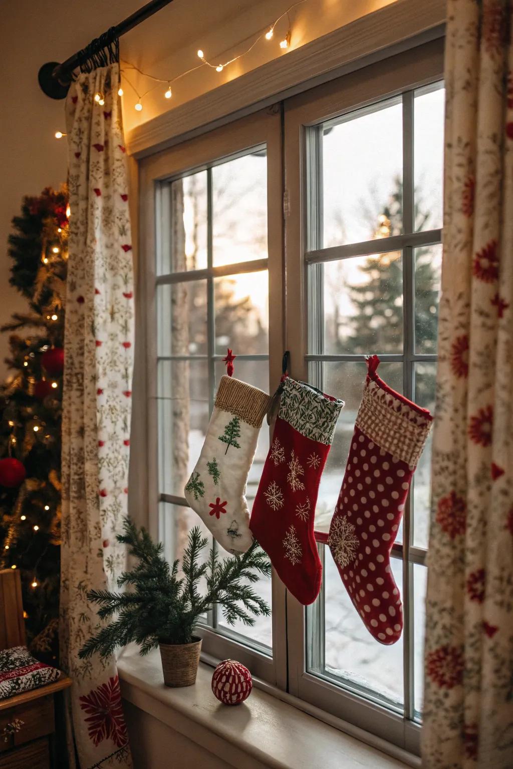 Windows provide a distinctive spot for festive stockings.