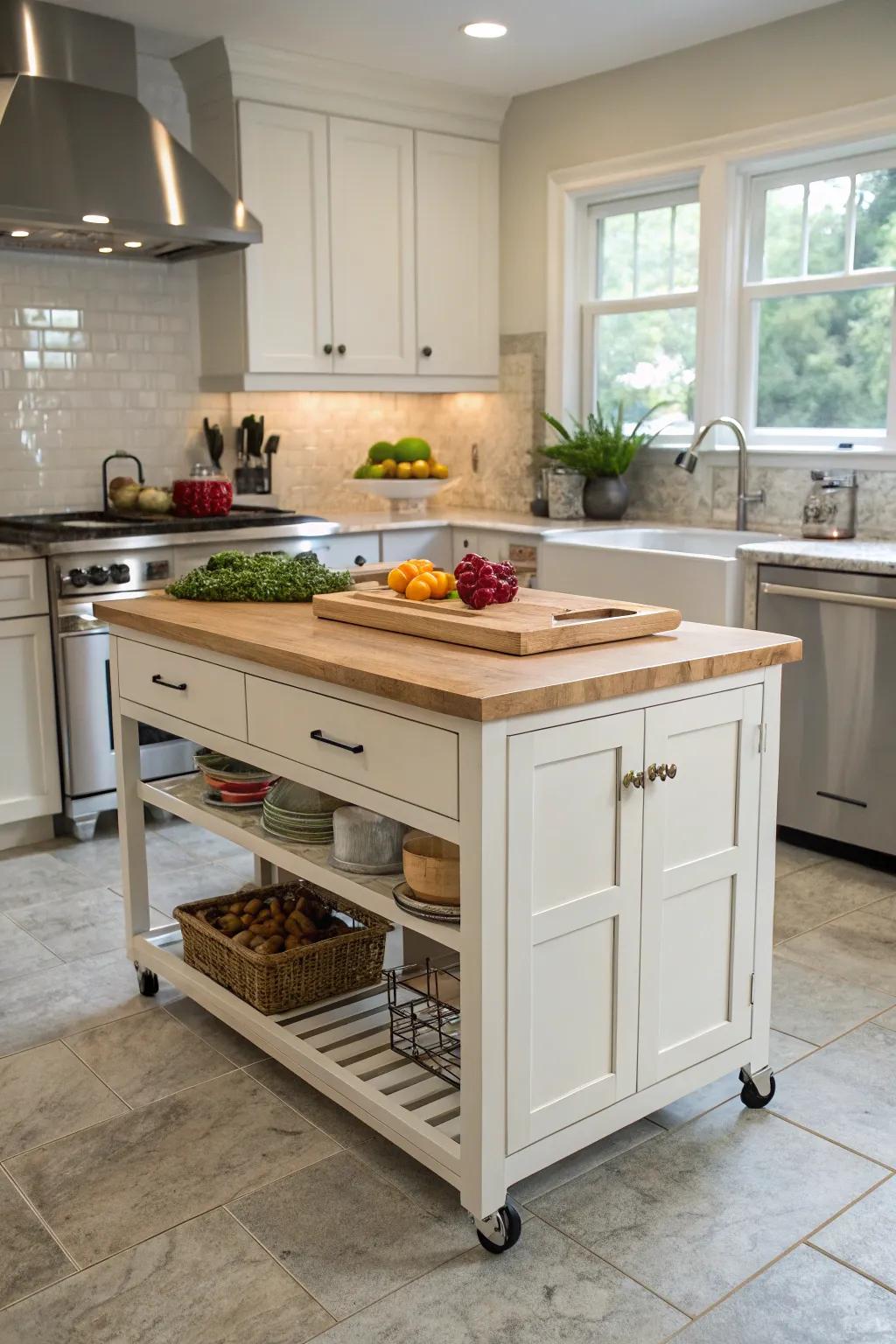 A rolling island enhances flexibility and storage capacity.