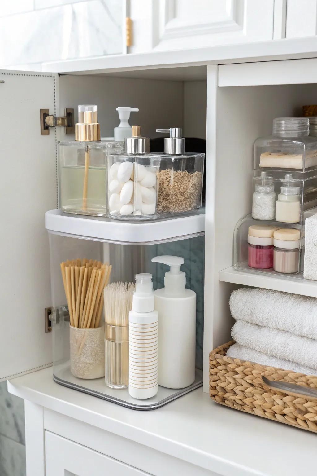 Transparent containers in a bathroom cabinet for easy visibility of stored items.