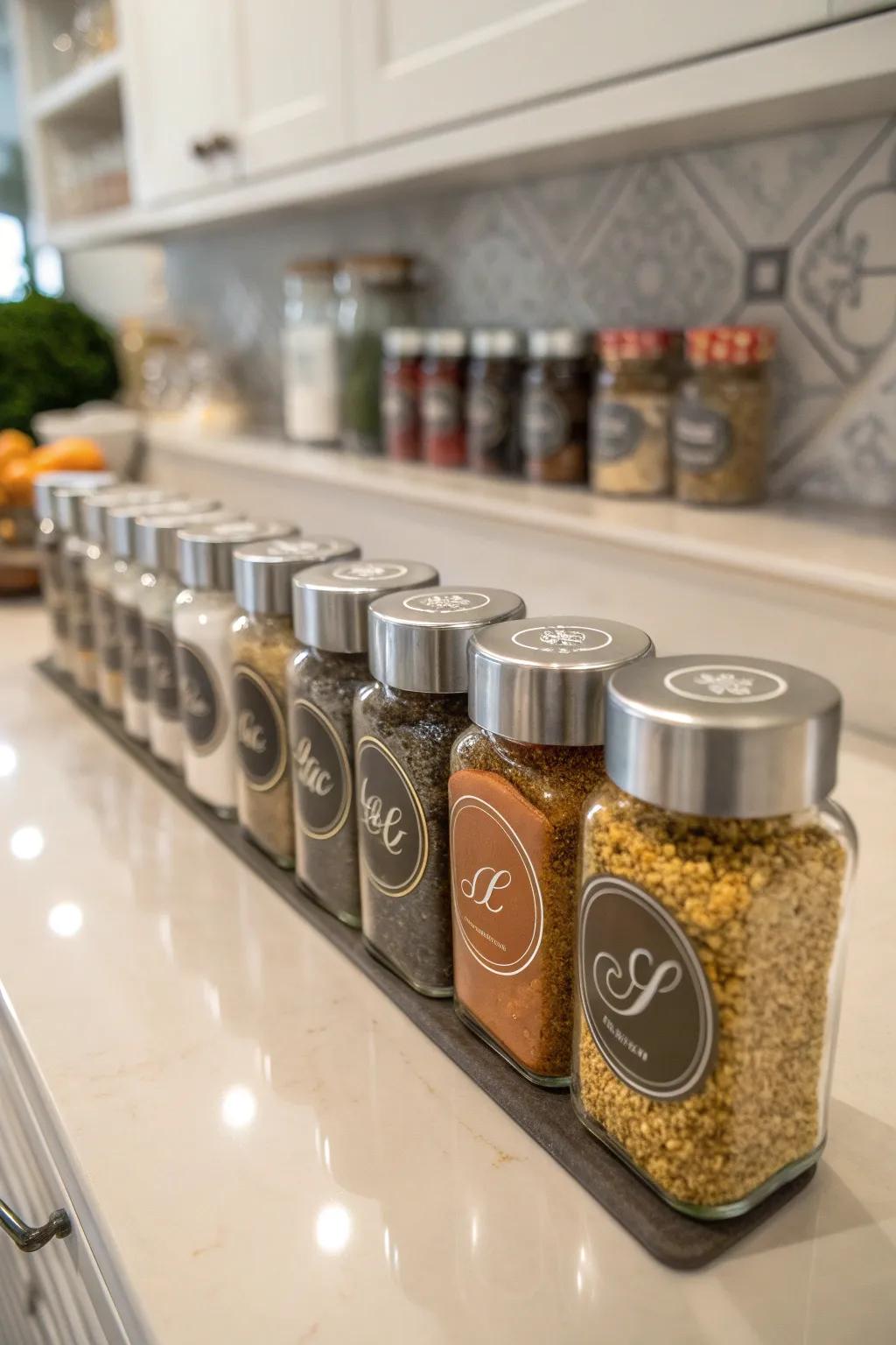 Bespoke signage infuses a chic, personal touch into spice organization.