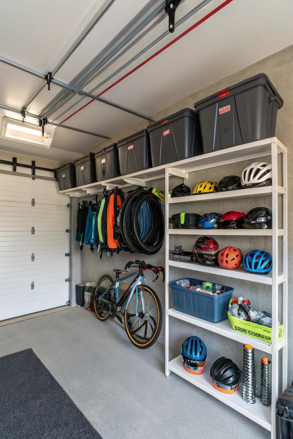 Shelves with bike hooks provide integrated storage for bikes and gear.