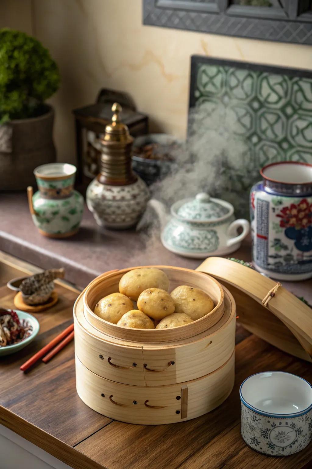 Bamboo cooker innovatively repurposed as a stowage solution.