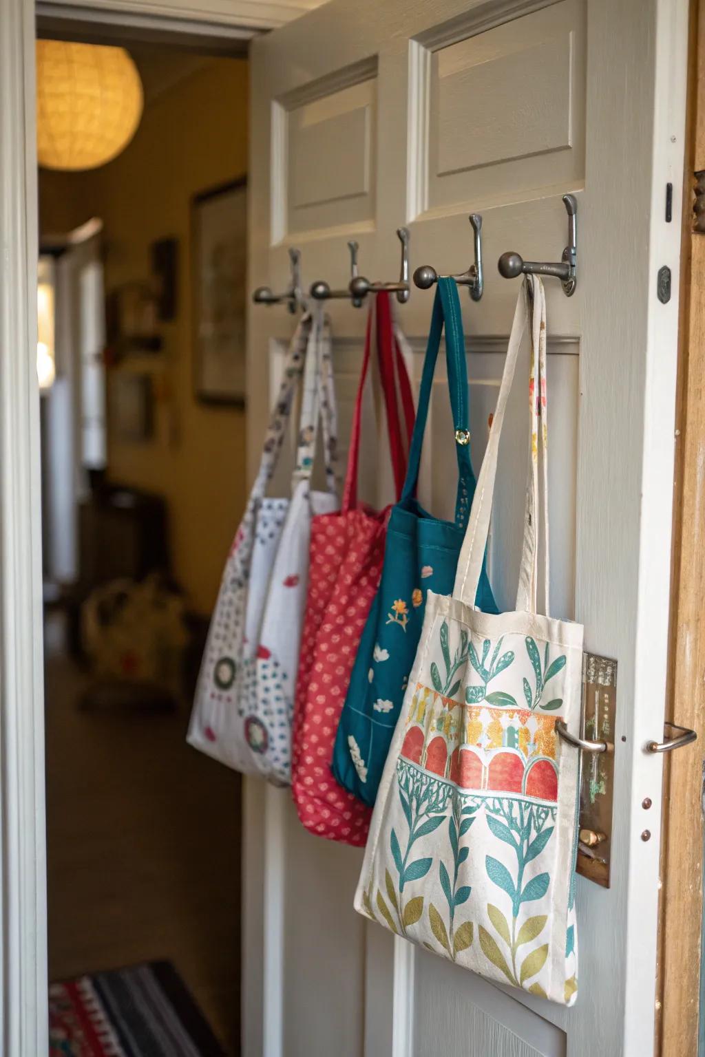 Hooks over doors make vertical space useful for carryall storage.