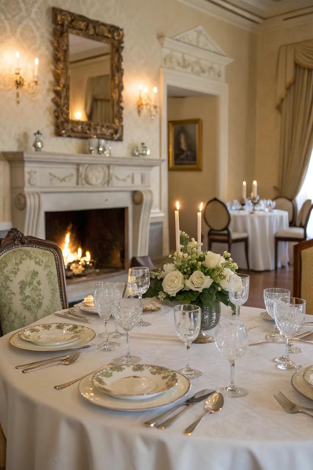 An elegant dining space with a fireplace, establishing a comfortable environment for meals.