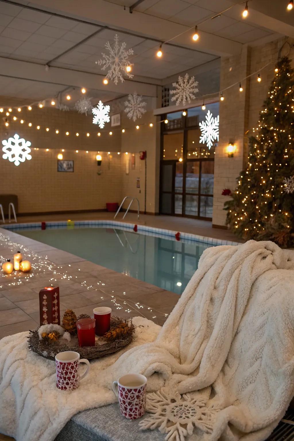 Transform your indoor pool into a cozy winter escape with elegant winter decor.